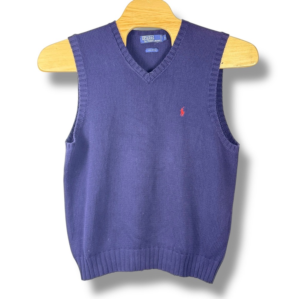 Vintage Polo Ralph Lauren Sweater Vest Men Large Navy Blue Cotton VNeck Red Pony